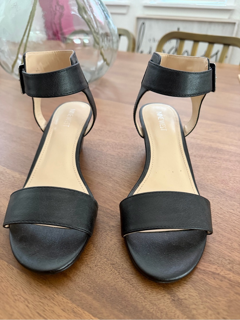 NINE WEST Black Wedge Ankle Strap Sandals with Silver Buckle - 8 - Picture 2 of 12